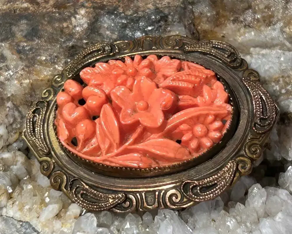 Vintage carved red coral ornate floral brass bronze brooch